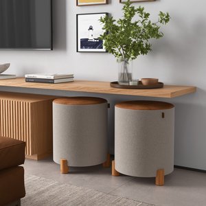 Kit 2 Puff Banqueta Couro e Linho Pés Madeira Maciça 45x34 Linho Bege Couro Marrom