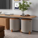 Ver imagem 1 de Kit 2 Puff Banqueta Couro e Linho Pés Madeira Maciça 45x34 Linho Bege Couro Marrom