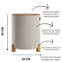 Kit 2 Puff Banqueta Couro e Linho Pés Madeira Maciça 45x34 Linho Bege Couro Marrom - 2