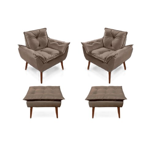 2 Poltronas Capuccino Opala com 2 Puff Decorativa Confortável para Sala Quarto Recepção Suede Luxo