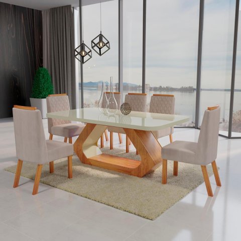 Sala de Jantar 160x80 Mdf/vidro 6 Cadeiras Lottus Bom Pastor