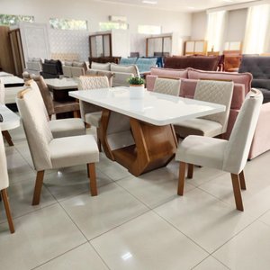 Sala de Jantar 160x80 Lottus Mdf/vidro 6 Cadeiras Bom Pastor Naturale/bege