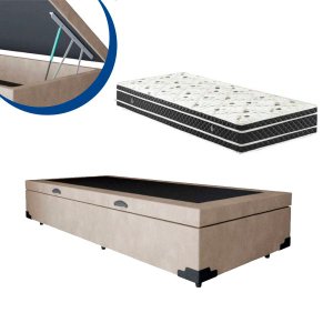 Cama Box Baú Solteiro Colchão Molas Ensacadas + Box Suede Bege 59x88x188