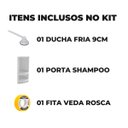 Ver imagem 2 de Chuveiro Ducha Fria Redondo 9cm Cromado + Suporte de Canto Porta Shampoo Branco + Veda Rosca