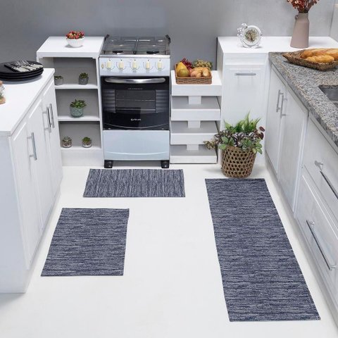 Kit Passadeira Tapete Cozinha 3 Peças Jacquard Base Antiderrapante - Marinho