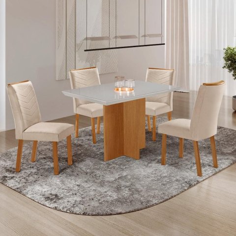 Conjunto Mesa de Jantar 120cm com 4 Cadeiras Estofadas Multimóveis Crrft-CON041 Madeirado/Off White