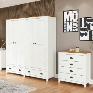 Conjunto Quarto: Guarda-roupa 4 Portas, Cômoda 4 Gavetas Topázio Branco/freijó Madeira Pinus - Fines