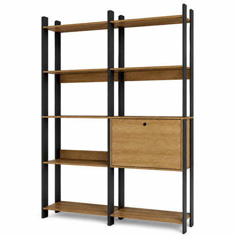 Kit 2 Estantes para Livros 1 Porta 10 Prateleiras Estilo Industrial Lâmina Mel/Preto - BRV Móveis