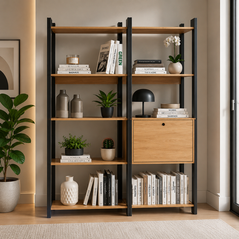 Kit 2 Estantes para Livros 1 Porta 10 Prateleiras Estilo Industrial Lâmina Mel/Preto - BRV Móveis
