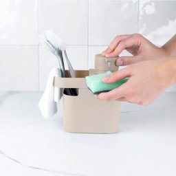Dispenser De Detergente 650ml Organizador De Pia Porta Detergente E Esponja Bege OU - 4