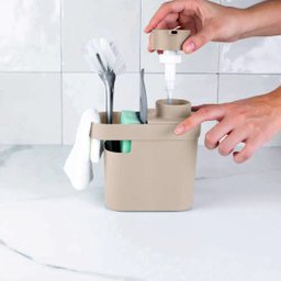 Dispenser De Detergente 650ml Organizador De Pia Porta Detergente E Esponja Bege OU - 2