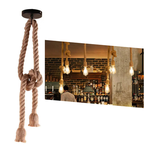 Pendente Corda Sisal Dupla 1,60M Lustre Vintage Retro Rústico Para Nó Com 2 Bocais E27 E Canopla De 