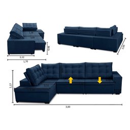 Sofá de Canto Retrátil e Reclinável com Molas 3,00x2,00 Le Jacke Suede Azul Madelina Decor - 1