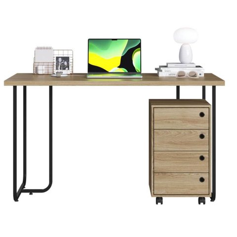 Kit 2PÇS para Escritório Mesa Industrial Gaveteiro 4 Gavetas Placa e Ponto Marrom Home Office