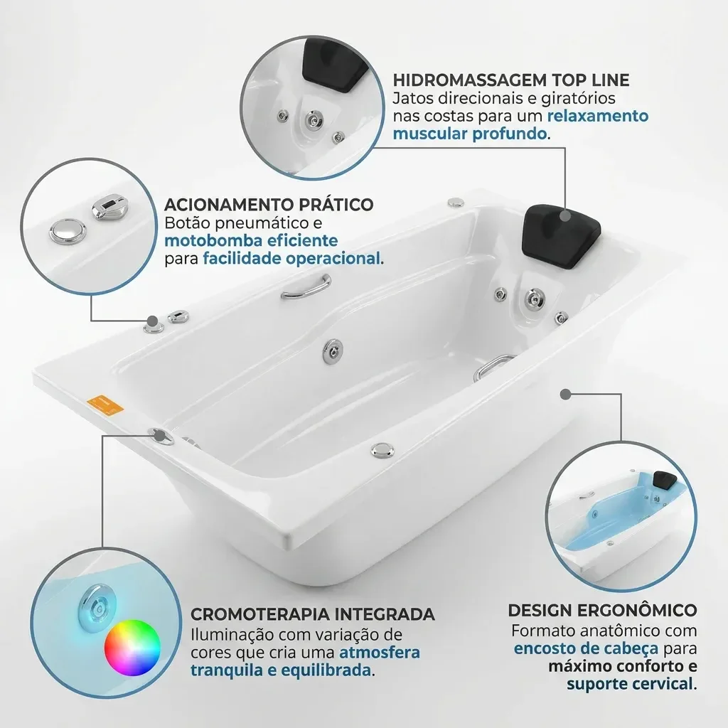 Ver imagem 5 de Banheira de Hidromassagem Individual Acrilbath Top Line Ouro Fino com Cromoterapia LED e Apoio para Cabeça em Acrílico 220V