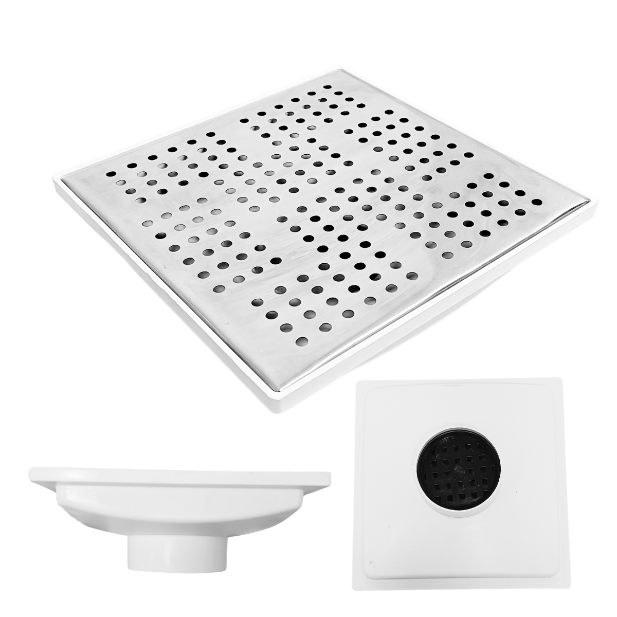 Ralo Quintal 20x20 Inox Espelhado Coletor Branco Saída 100mm - 1
