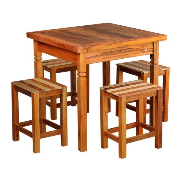 Conjunto Mesa de Jantar Rústica 80 x 80cm 4 Banquetas Ripada Madeira Demolição Natural - 1