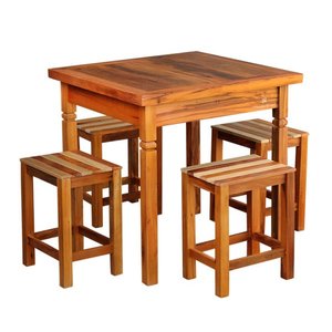 Conjunto Mesa de Jantar Rústica 80 x 80cm 4 Banquetas Ripada Madeira Demolição Natural