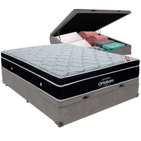 Cama Box Baú Cinza e Colchão Elegant Molas Ensacadas Casal Ortobom