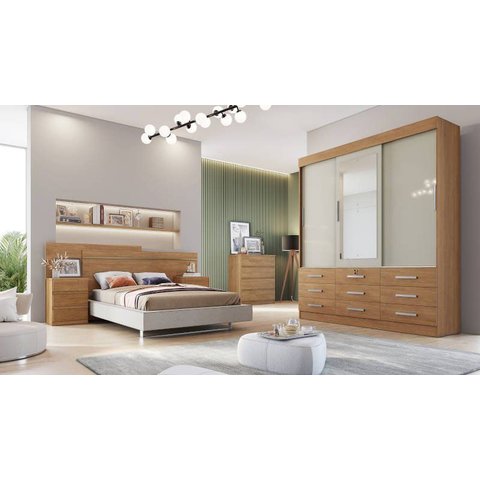 Guarda Roupa Casal com Espelho 9 Gavetas - Madri-cumaru/fendi - Móveis Novo Horizonte