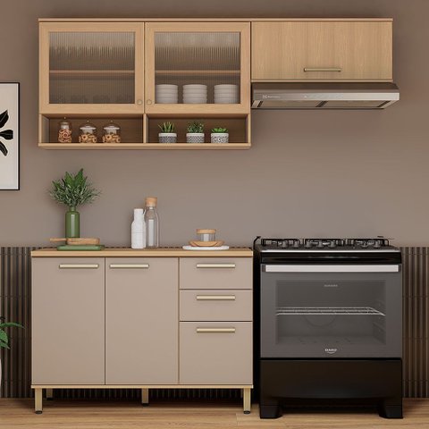 Cozinha Compacta 100 Mdf 3 Peças com Tampo e Vidro Canelado 200cm Duna Luciane Móveis