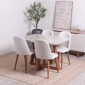 Conjunto de Jantar Mesa Retangular com Vidro Bennett 4 Cadeiras New Drop - Natural C/ Bege