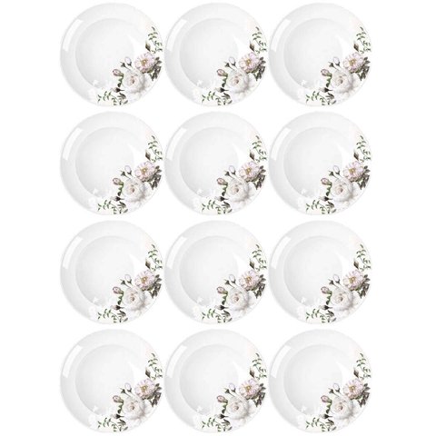 Jogo 12 Pratos Fundos Redondos 23cm Garden em Porcelana com Estampa Floral Germer