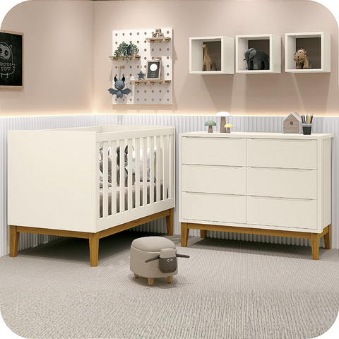 Quarto de Bebê Berço Flip + Cômoda Infantil 6 Gavetas Classic Areia Fosco