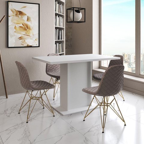 Mesa Jantar Londres Tampo Branco 120cm 4 Cadeiras Base Dourado Estofado Nude Médio