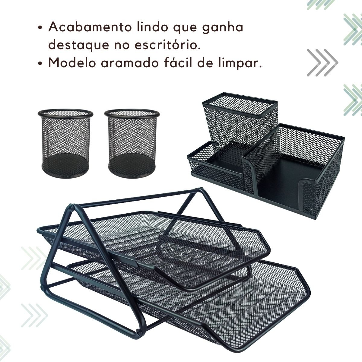 Kit Escritório Organizador Mesa Bandeja Porta Caneta Lápis Preto - 6