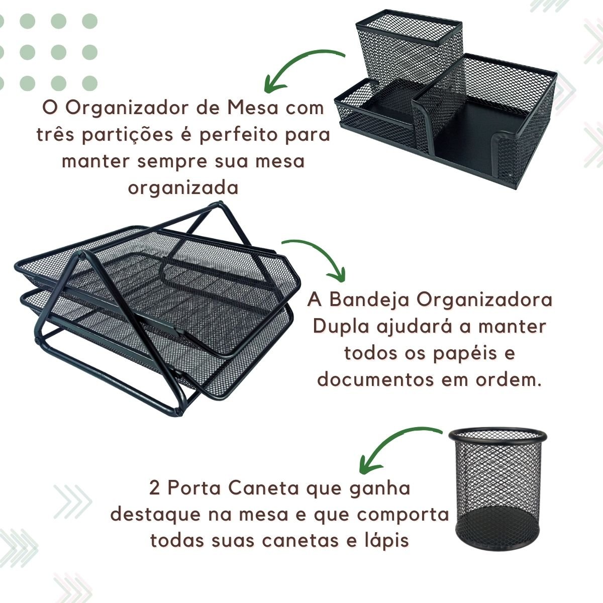 Kit Escritório Organizador Mesa Bandeja Porta Caneta Lápis Preto - 3