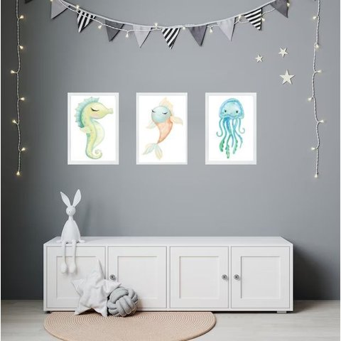 Kit 3 Quadros Quarto Infantil Animais Marinhos 45x34cm:moldura Branca
