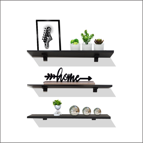 Kit Prateleira Decorativa Reta Simples MDF Preta 60x20cm 3 pçs - Smart Eco