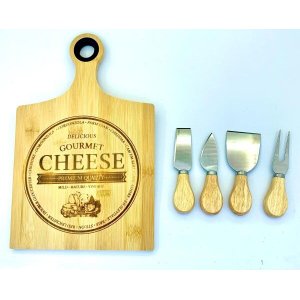 Conjunto Para Queijo e Frios Com 4 Talheres E Tabua Em Bambu