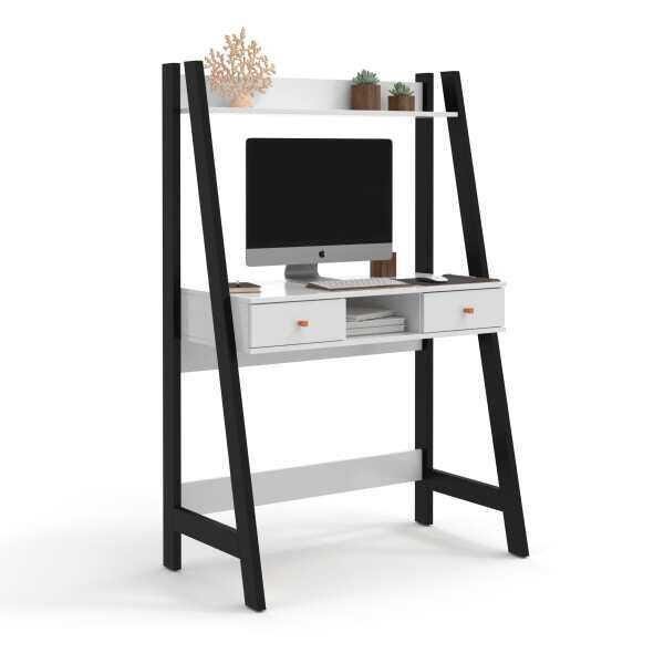 Escrivaninha e Estante com Gavetas Office Desk - Preto/Branco - Mania de Móveis - 2