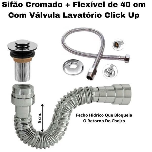 Sifão Sanfonado Pia Flexível Extensível Universal Cromado + Flexivel Trançado Inox 40 cm + Vá