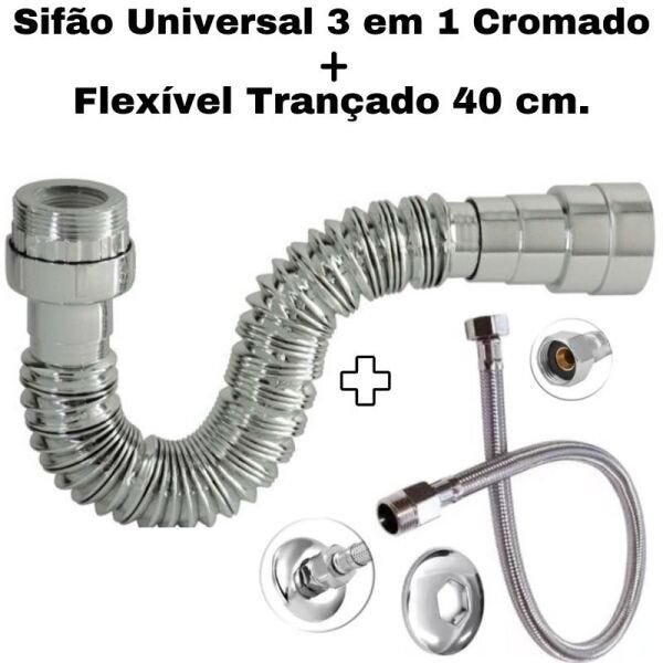 Sifão Sanfonado Pia Flexível Extensível Universal Cromado + Flexivel Trançado Inox 40 cm
