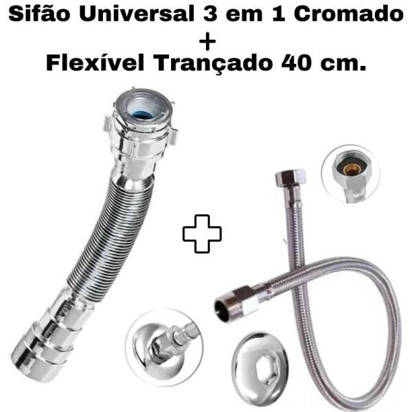 Sifão Sanfonado Pia Flexível Extensível Universal Cromado + Flexivel Trançado Inox 40 cm - 2