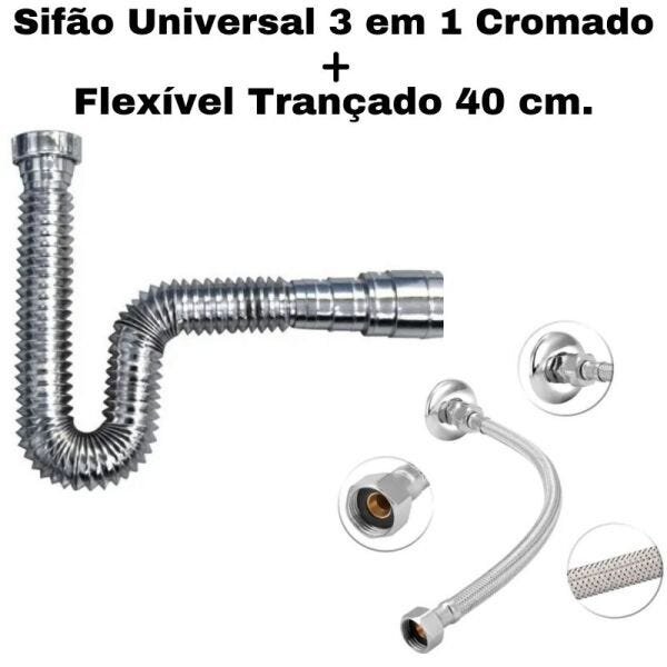 Sifão Sanfonado Pia Flexível Extensível Universal Cromado + Flexivel Trançado Inox 40 cm - 3