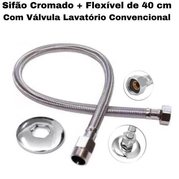 Sifão Sanfonado Pia Flexível Extensível Universal Cromado + Flexivel Trançado Inox 40 cm + Vá - 2