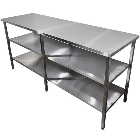 Mesa de Aço Inox Industrial 160x70x90 cm com 2 Prateleiras Plano Liso Nortinox