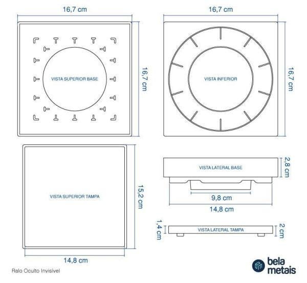 Kit 05 - Ralo Oculto Invisível De Embutir Quadrado (Cinza) - 10