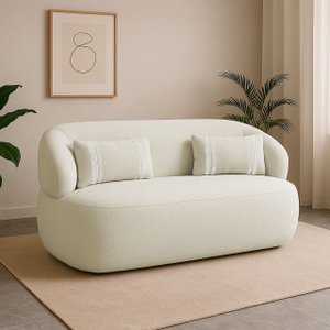 Poltrona Namoradeira 2 Lugares Orgânica Chloe Boucle Bege com Almofada Plumante - Arkell
