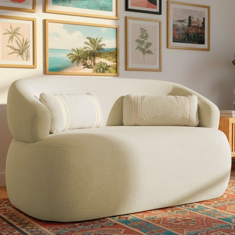 Poltrona Namoradeira 2 Lugares Orgânica Chloe Boucle Bege com Almofada Plumante - Arkell