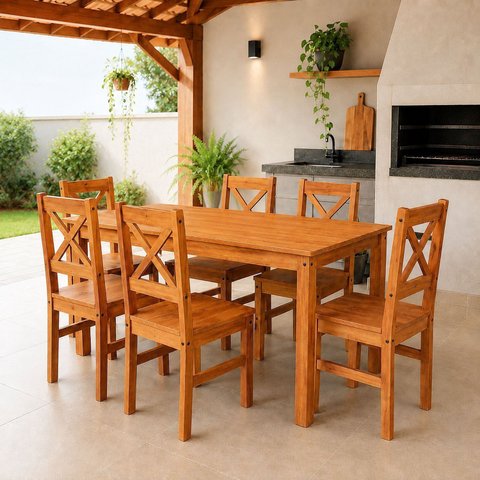 Conjunto Mesa 150cm Retangular e 6 Cadeiras de Madeira Maciça para Área Gourmet Valenza Yescasa