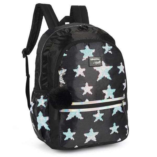 Mochila Costas Larissa Manoela e Estojo Escolar Paetê Estrelas UP4You Preta - Preto - 2