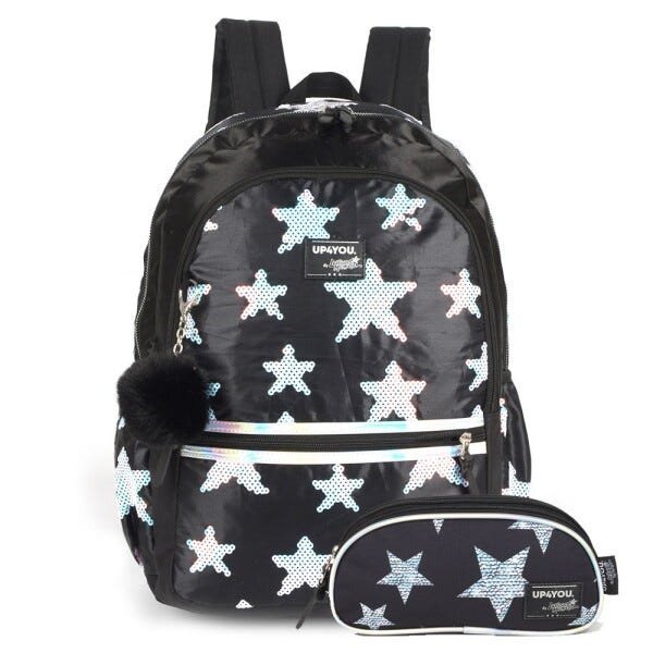 Mochila Costas Larissa Manoela e Estojo Escolar Paetê Estrelas UP4You Preta - Preto - 1