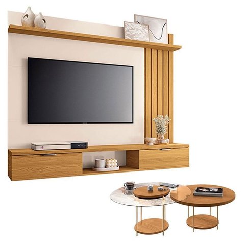 Painel Suspenso Lets Cinamomo Off White com Kit Mesa de Centro Sky Cinamomo - Hb Móveis