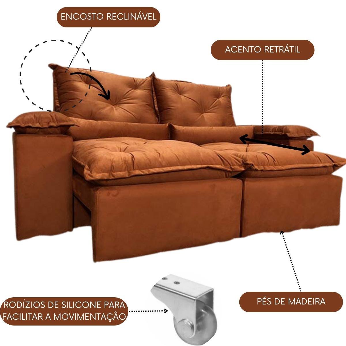 Sofa Reclinavel Retratil Design Elegante Athena 2,30m Veludo Cor:Terracota - 2