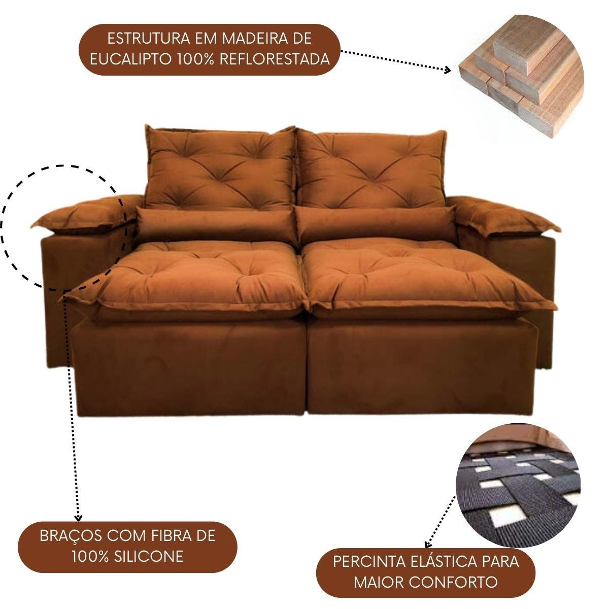 Sofa Reclinavel Retratil Design Elegante Athena 2,30m Veludo Cor:Terracota - 3
